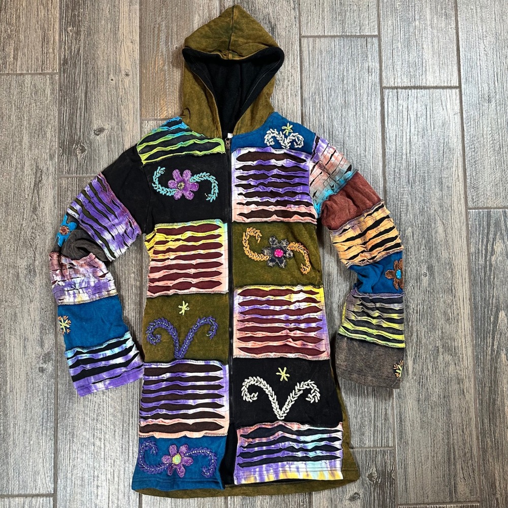 Patchwork Festival Hippie Boho Embroidered Zip Up Hoodie Jacket made in Nepal